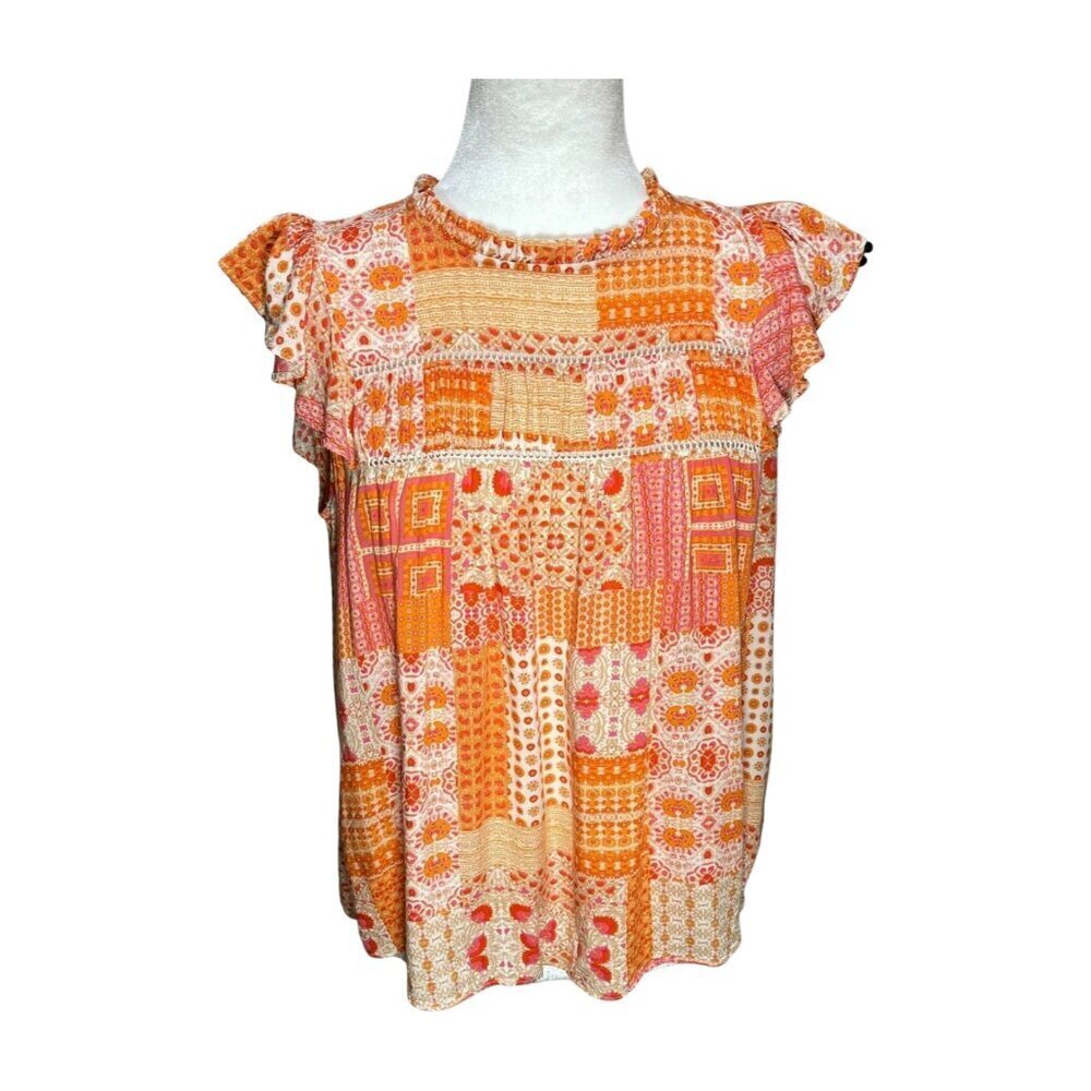 Rose & Olive Babydoll Top Small Orange Pink Patchwork Print Flutter Sleeve Boho